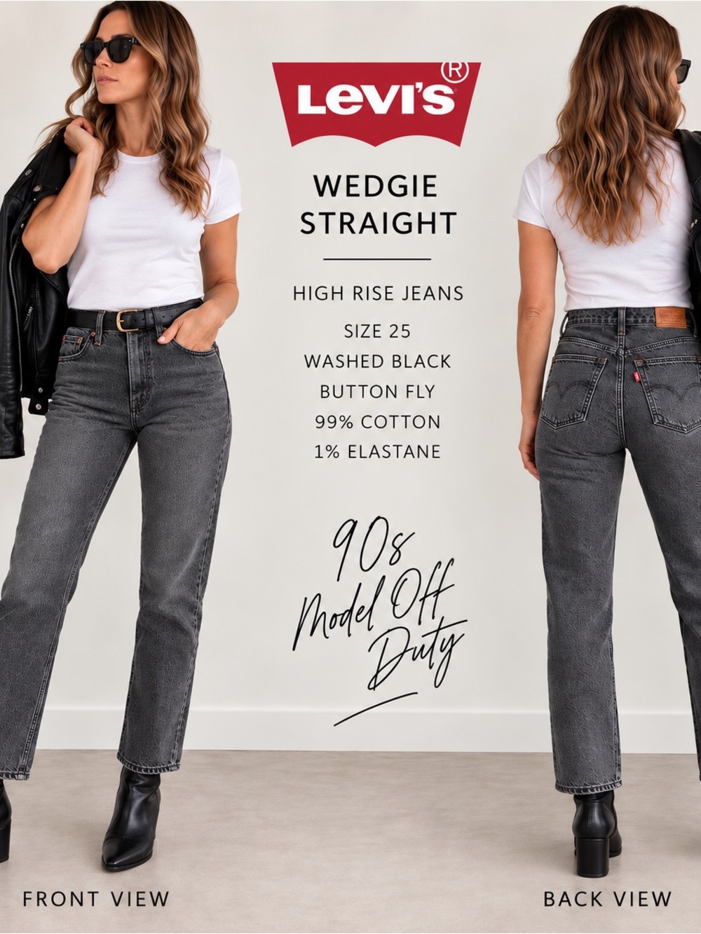 90s Model Off Duty Iconic Levi’s Wedgie Straight High Rise Washed Black Jeans 25
